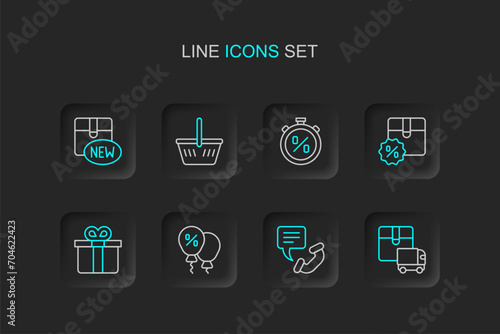 Set line Delivery cargo truck, Telephone 24 hours support, Discount percent tag, Gift box, Cardboard with discount, Stopwatch, Shopping basket and New collection icon. Vector