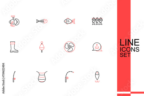 Set line Fishing lure, rod, net, hook, Outboard boat motor, float and boots icon. Vector