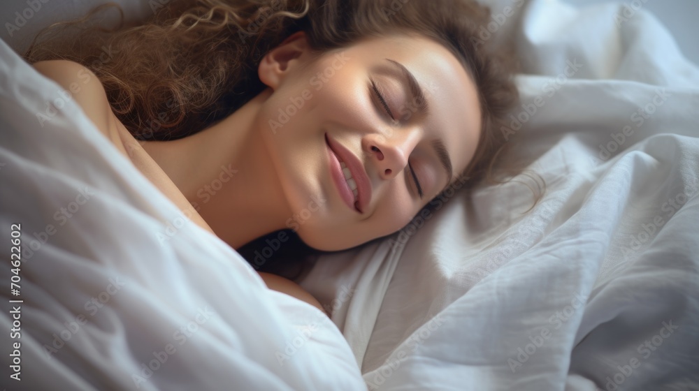 A happy woman lies in bed with her eyes closed and smiles peacefully. Dreams and plans, stress-free, happiness and mental health. A happy woman lies in bed with her eyes closed and smiles peacefully. Dreams and plans, stress-free, happiness and mental health.