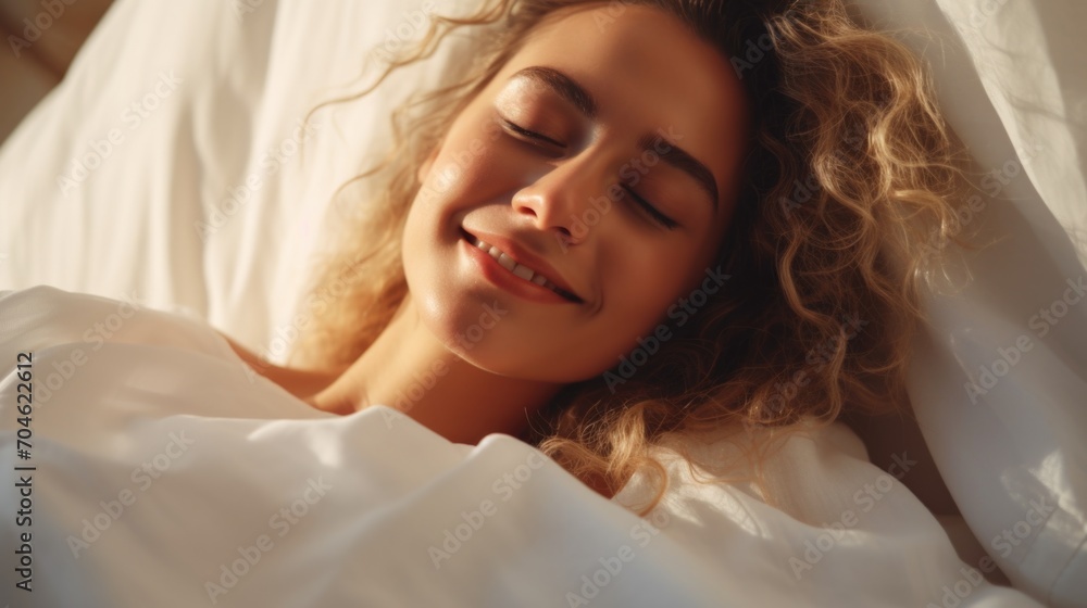 A happy woman lies in bed with her eyes closed and smiles peacefully. Dreams and plans, stress-free, happiness and mental health. A happy woman lies in bed with her eyes closed and smiles peacefully. Dreams and plans, stress-free, happiness and mental health.