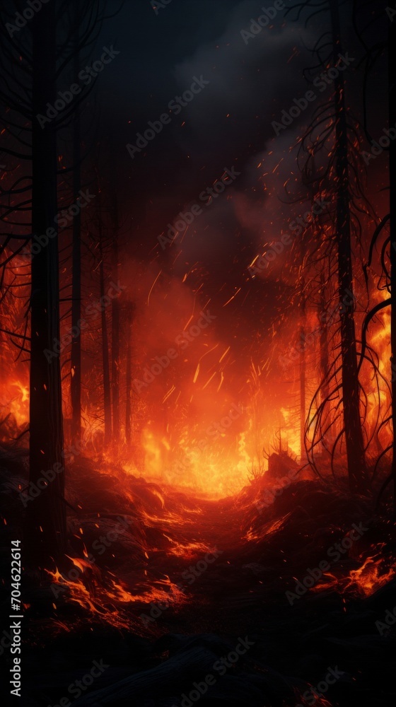 A fire blazing through a forest filled with trees