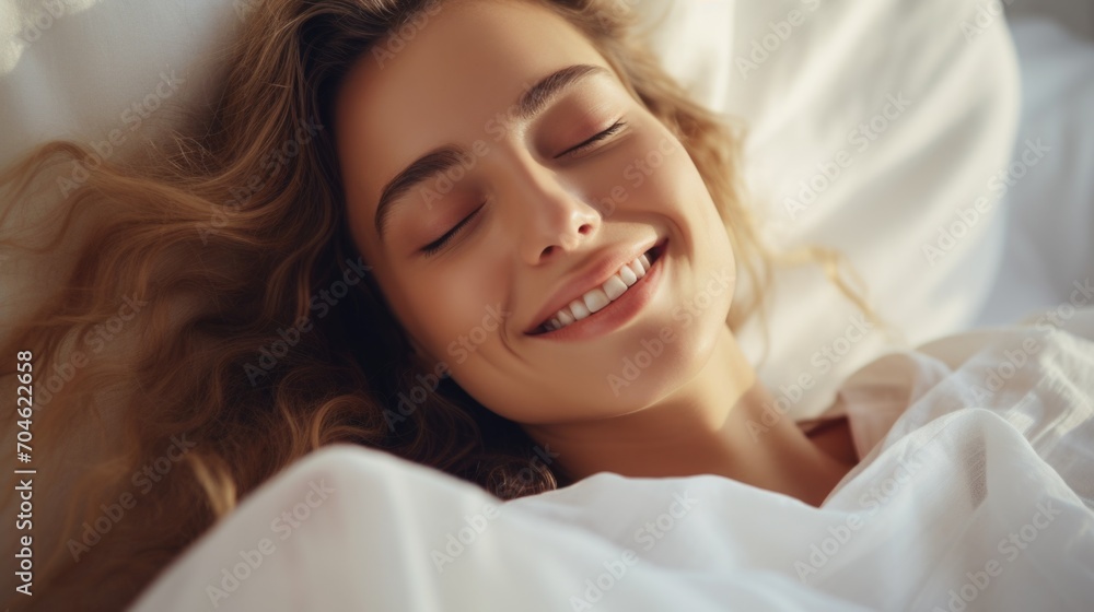 A happy woman lies in bed with her eyes closed and smiles peacefully. Dreams and plans, stress-free, happiness and mental health. A happy woman lies in bed with her eyes closed and smiles peacefully. Dreams and plans, stress-free, happiness and mental health.
