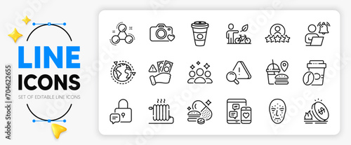 Radiator, Human rating and Takeaway coffee line icons set for app include Social media, Squad, Lock outline thin icon. Fast food, Face biometrics, Attention pictogram icon. Vector