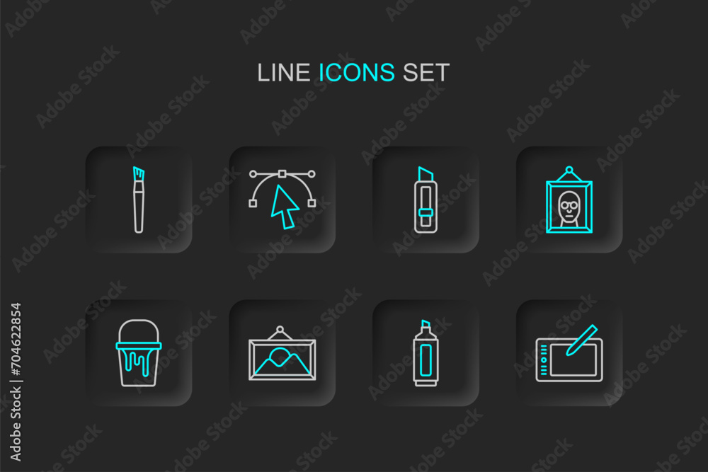 Set line Graphic tablet, Marker pen, Picture landscape, Paint bucket, Stationery knife, Bezier curve and brush icon. Vector Set line Graphic tablet, Marker pen, Picture landscape, Paint bucket, Stationery knife, Bezier curve and brush icon. Vector
