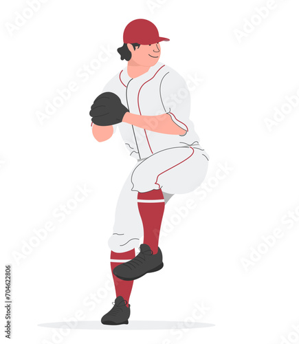 Baseball player preparing to pitch illustration in flat style on white background. A baseball player in a red cap and glove is preparing to hit. Character isolate.