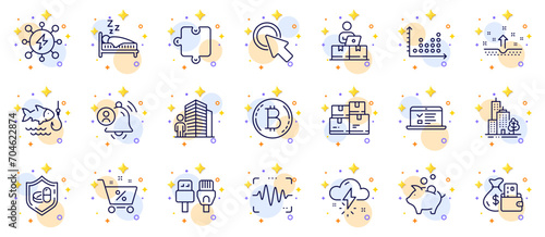 Outline set of Change money, Voice wave and Bitcoin line icons for web app. Include Computer cables, Fishing, Online storage pictogram icons. Medical tablet, Agent, Skyscraper buildings signs. Vector