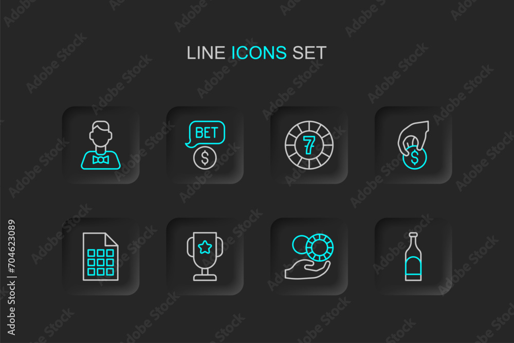 Set line Bottle of wine, Hand holding casino chips, Casino poker trophy cup, Lottery ticket, with dollar and dealer icon. Vector