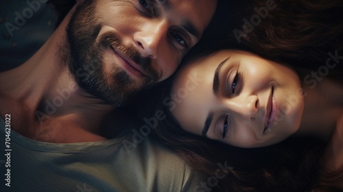 Happy couple man and woman lying on the floor and smiling dreamily, close-up portrait. Relationships, plans for the future, dreams.