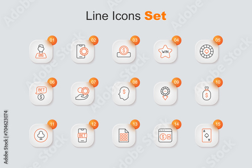 Set line Playing card with spades symbol, Online poker table game, Lottery ticket, sports betting, clubs, Money bag, Casino chips and Lucky player icon. Vector