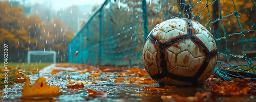 A textured soccer game field with a ball positioned in front of the soccer goal, and a soccer ball nestled in the soccer net.