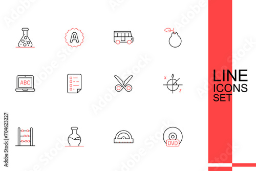 Set line CD or DVD disk, Protractor grid, Test tube, Abacus, Trigonometric circle, Scissors, Clipboard with checklist and Laptop icon. Vector