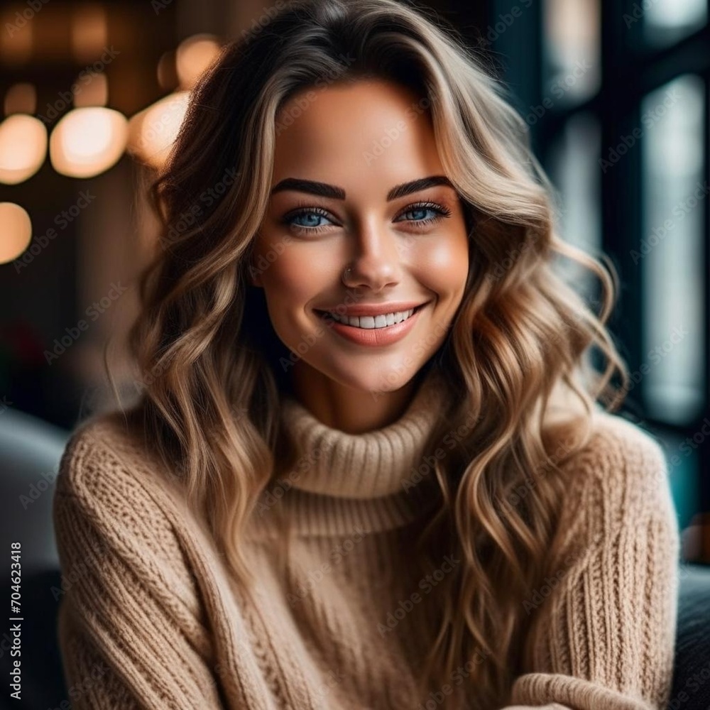 young smiling woman with curly blonde hair in beidge sweater young smiling woman with curly blonde hair in beidge sweater