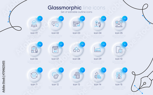 Set of Trade chart, Approved and Employees messenger line icons for web app. Bill accounting, Social media, Inflation icons. Phone download, Difficult stress, Creative idea signs. Vector