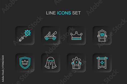 Set line Medieval flag, throne, helmet, Shield with crown, King, catapult and Mace spikes icon. Vector © Iryna