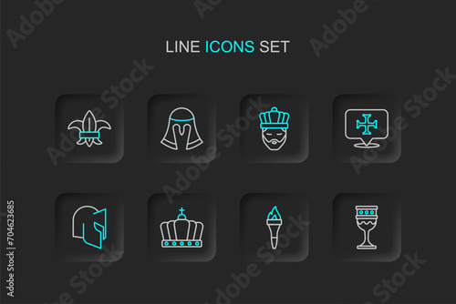 Set line Medieval goblet, Torch flame, King crown, helmet, Crusade, with, and Fleur lys lily flower icon. Vector