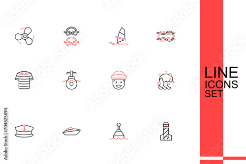 Set line Lighthouse, Floating buoy, Speedboat, Captain hat, Tsunami, Sailor, Submarine and Striped sailor t-shirt icon. Vector