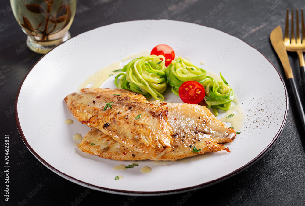 Grilled fish fillet with zucchini pasta. Healthy food concept. Grilled fish fillet with zucchini pasta. Healthy food concept.
