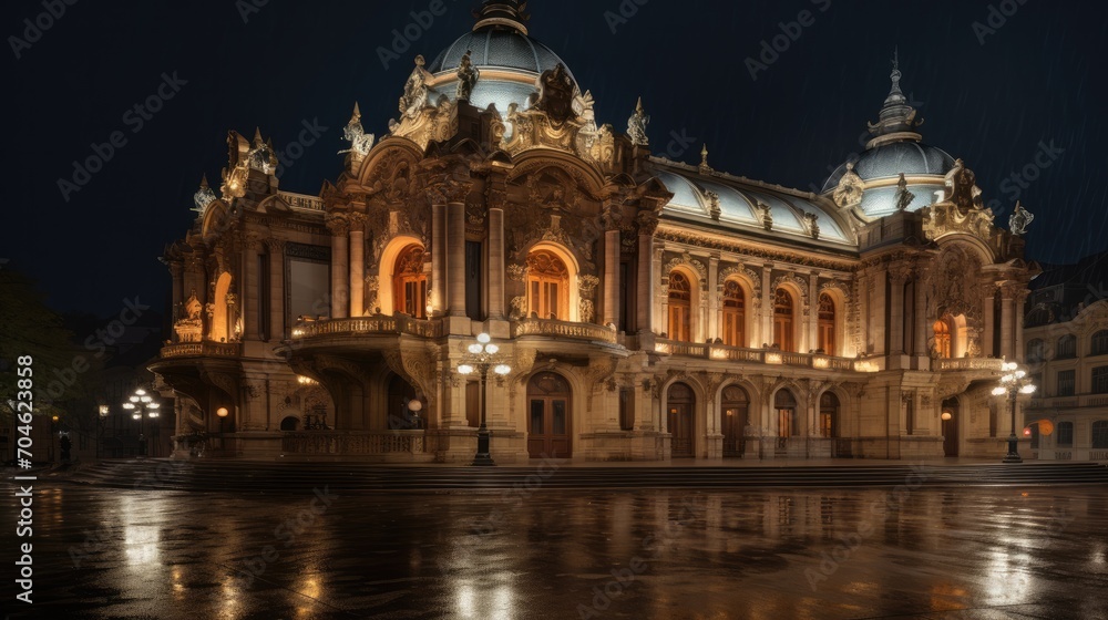 Night view of the Opera and Ballet Theatre in Paris, France