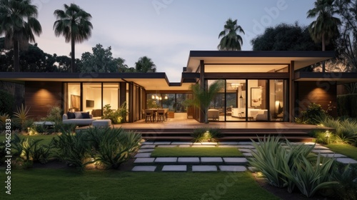 3d rendering of modern cozy house with pool and parking for sale or rent in luxurious style and beautiful landscaping on background. Clear summer night with many stars on the sky. © Carmen