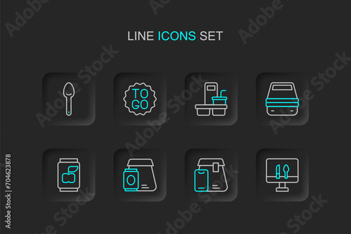 Set line Online ordering food, Soda can, Lunch box, Coffee cup to go, and Spoon icon. Vector