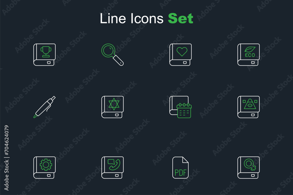 Set line Book about women, PDF file document, Phone book, User manual, Ancient magic, Daily paper notepad, Jewish torah and Pen icon. Vector Set line Book about women, PDF file document, Phone book, User manual, Ancient magic, Daily paper notepad, Jewish torah and Pen icon. Vector