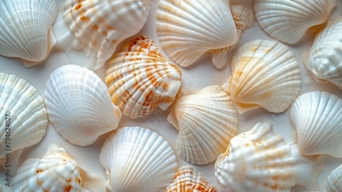 A series of white seashells arranged in a pattern, offering a natural and coastal-inspired banner background. [Seashell patterns]