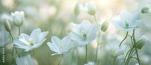 High-key photograph of delicate white flowers with subtle greenery, creating a soft and serene banner background. [Floral purity]