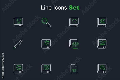 Set line Book about women, PDF file document, Phone book, User manual, Ancient magic, Daily paper notepad, Jewish torah and Pen icon. Vector
