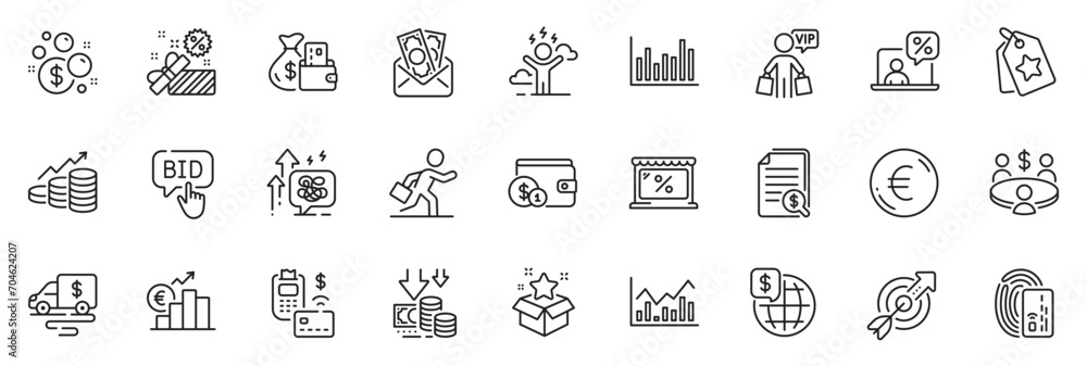 Icons pack as Cash transit, Deflation and Euro rate line icons for app include Target, Pos terminal, Growth chart outline thin icon web set. Card, Meeting, Bar diagram pictogram. Vector Icons pack as Cash transit, Deflation and Euro rate line icons for app include Target, Pos terminal, Growth chart outline thin icon web set. Card, Meeting, Bar diagram pictogram. Vector