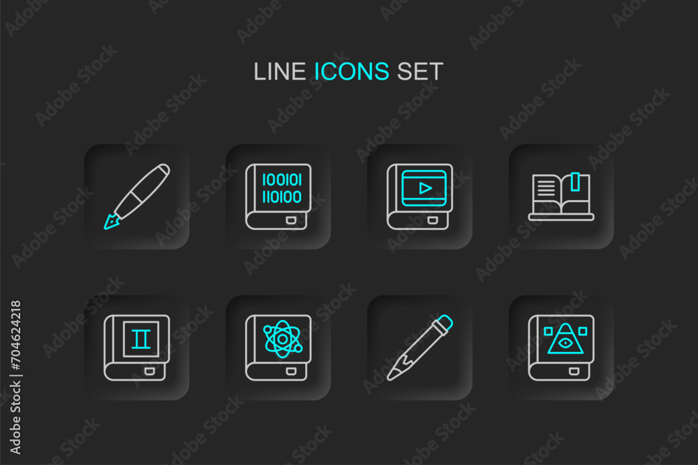 Set line Ancient magic book, Pencil with eraser, Book about physics, Open, cinema, Books programming and Fountain nib icon. Vector Set line Ancient magic book, Pencil with eraser, Book about physics, Open, cinema, Books programming and Fountain nib icon. Vector