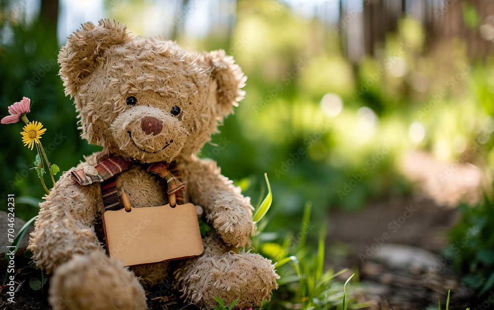 Teddy bear sitting in the grass and holding a blank card. Teddy bear sitting in the grass and holding a blank card.