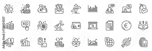 Icons pack as Cash transit, Deflation and Euro rate line icons for app include Target, Pos terminal, Growth chart outline thin icon web set. Card, Meeting, Bar diagram pictogram. Vector