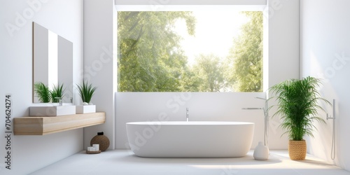 Contemporary house with elegant light bathroom featuring white ceramic bathtub, sink, and mirror on white walls. © Vusal