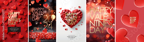 Happy Valentine's Day. Vector illustration of a background of red hearts, cut out hearts, love and gold text for a sale poster, flyer or greeting card