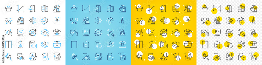 Vector icons set of Engineering team, Lift and Quality line icons pack for web with Strategy, Petrol station, Customisation outline icon. Get box, Diesel, Lighthouse pictogram. Entrance. Vector
