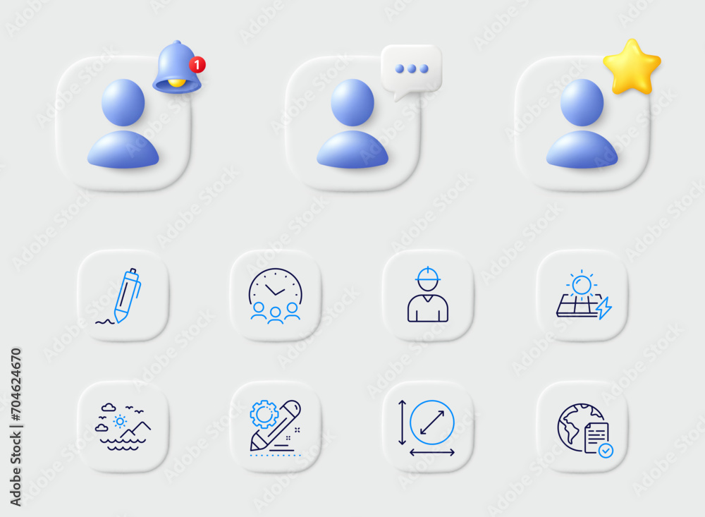 Circle area, Project edit and Solar panels line icons. Placeholder with 3d star, reminder bell, chat. Pack of Online voting, Sea mountains, Signature icon. Engineer, Meeting time pictogram. Vector Circle area, Project edit and Solar panels line icons. Placeholder with 3d star, reminder bell, chat. Pack of Online voting, Sea mountains, Signature icon. Engineer, Meeting time pictogram. Vector