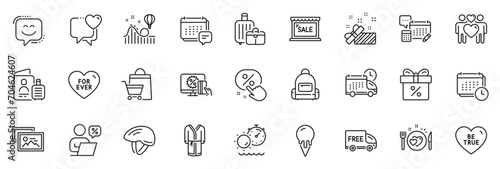 Icons pack as For ever, Present and Ice cream line icons for app include Bicycle helmet, Discount offer, Sale outline thin icon web set. Be true, Heart, Love couple pictogram. Message. Vector photo