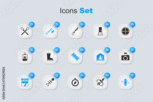 Set Medieval bow and arrow, Waterproof rubber boot, Wooden axe, Quiver with arrows, Swiss army knife, Photo camera, Burning match fire and Hunting cartridge belt icon. Vector