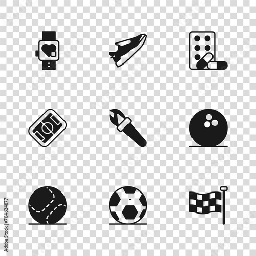 Set Soccer football ball, Bowling, Checkered flag, Torch flame, Sports doping with dumbbell, Smart watch heart, Fitness sneakers shoes and Football field icon. Vector