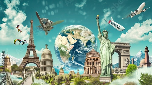 Global Tapestry: Iconic Landmarks and Travel Elements Against Earth's Backdrop