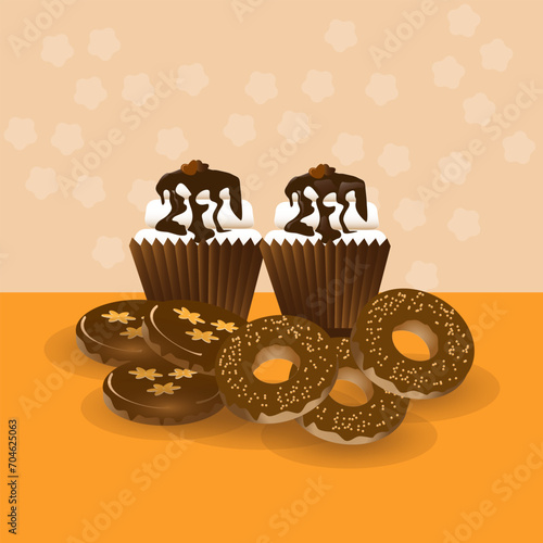 chocolate cupcakes and cookies onan orange background