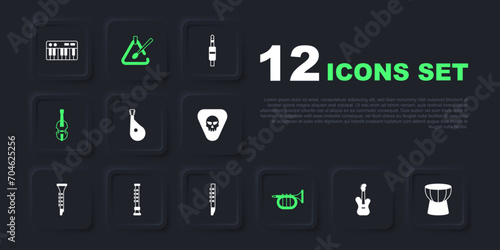 Set Electric bass guitar, African darbuka drum, Bandura, Trumpet, Violin, Flute, Triangle musical instrument and icon. Vector