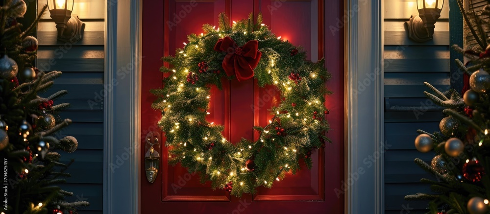 Christmas wreath with fairy lights on door in cozy home