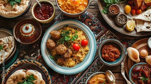 Top view of Iftar or Suhoor served in Ramadan photo