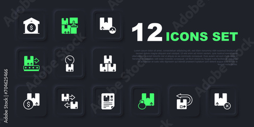 Set Return cardboard box, Carton, Cardboard with clock, Conveyor belt, traffic symbol, Warehouse boxes and Waybill icon. Vector