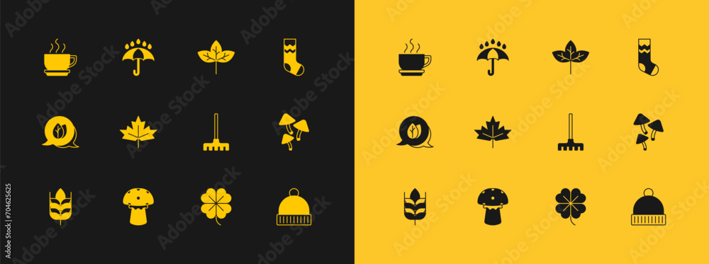 Set Socks, Mushroom, Garden rake, Four leaf clover, Canadian maple, Leaf, Coffee cup and Umbrella and rain drops icon. Vector