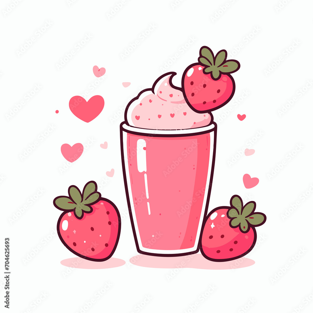 Strawberry milkshake in a glass with strawberries and whipped cream. Vector illustration, generative ai