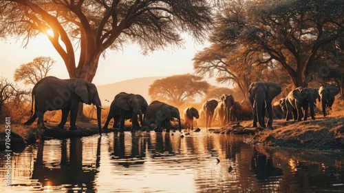 Nature documentary, elephants at a watering hole, African savanna, herd with playing calves, soft diffused daylight, birds in the sky.