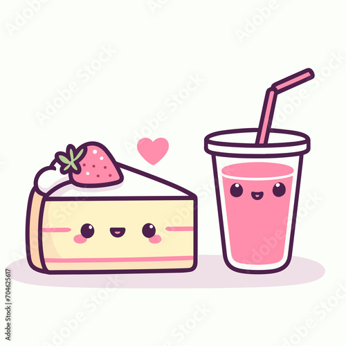 Cute kawaii strawberry cake and milkshake with a heart, vector illustration, bakery icon design, generative ai