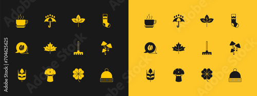 Set Socks, Mushroom, Garden rake, Four leaf clover, Canadian maple, Leaf, Coffee cup and Umbrella and rain drops icon. Vector